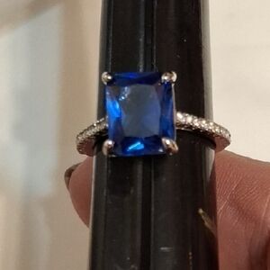 Sapphire Blue Ring Silvertone Sz 6